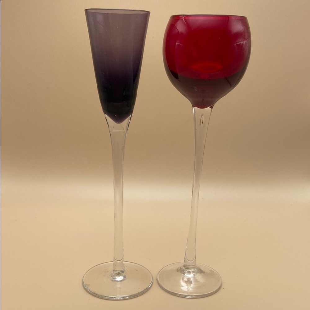 Purple and Red Glass Cordial or Liqueur Long Stemmed  Glasses - Set of 2
